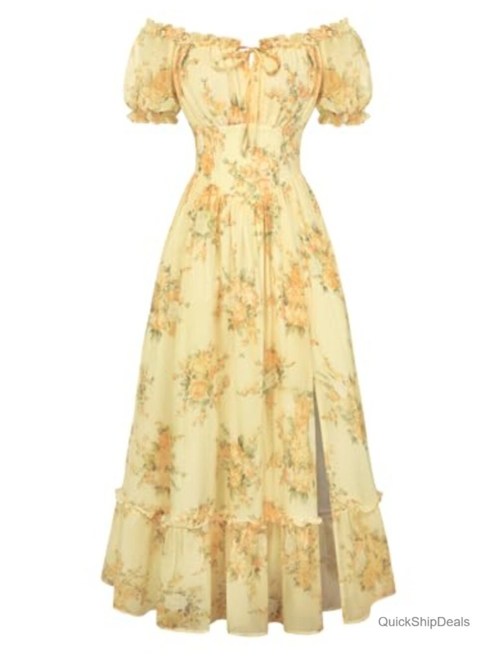 Floral Corset Midi Dress Puff Sleeve Cottagecore A-Line Pockets